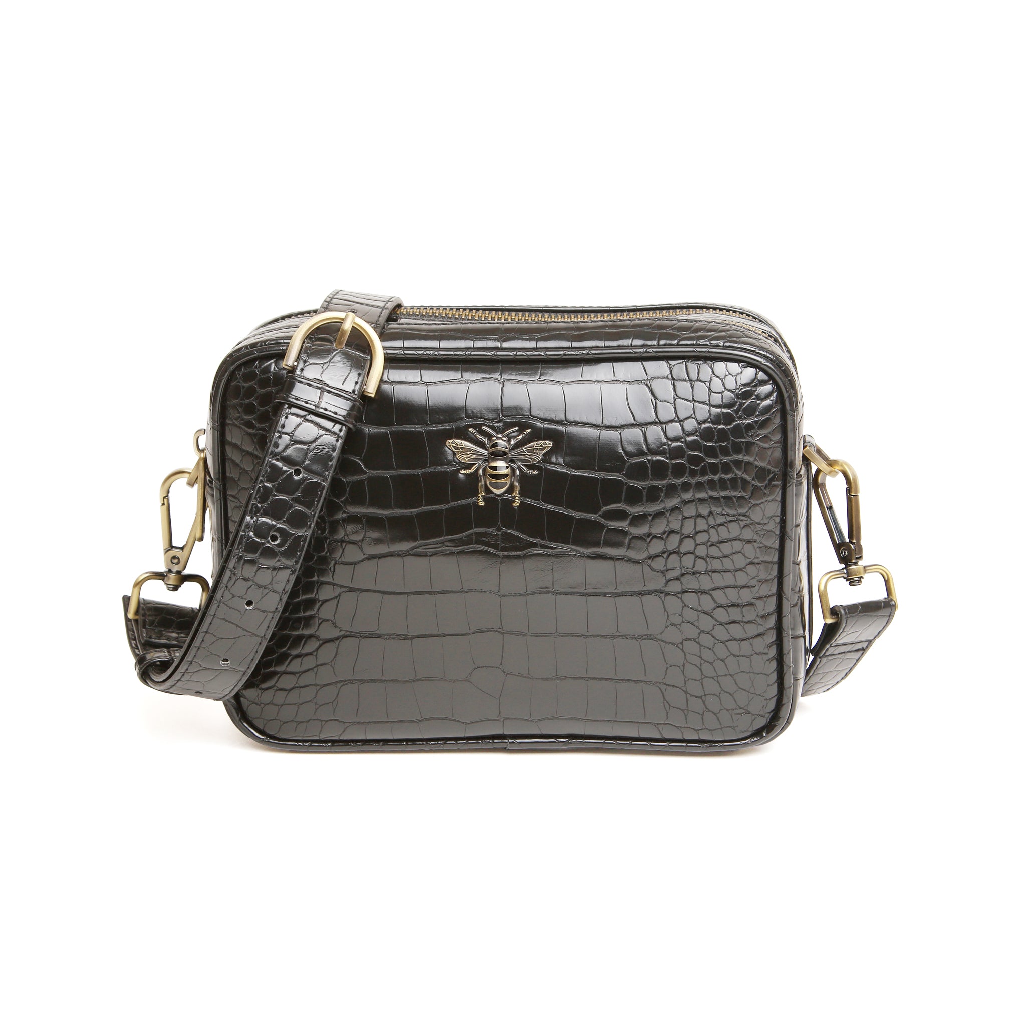 Luxury Black Croc Soho dual compartment camera cross body bag